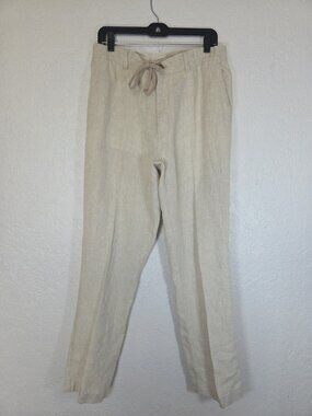 Caribbean Mens 100% Linen Coastal Beach Pants  Draw String Beige Size 36x32